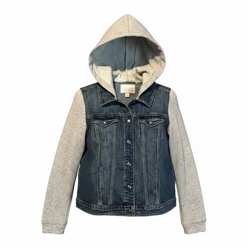 Hinge Womens Mixed Media Denim Jacket Hooded Knit Sleeves Blue Grey Size 1